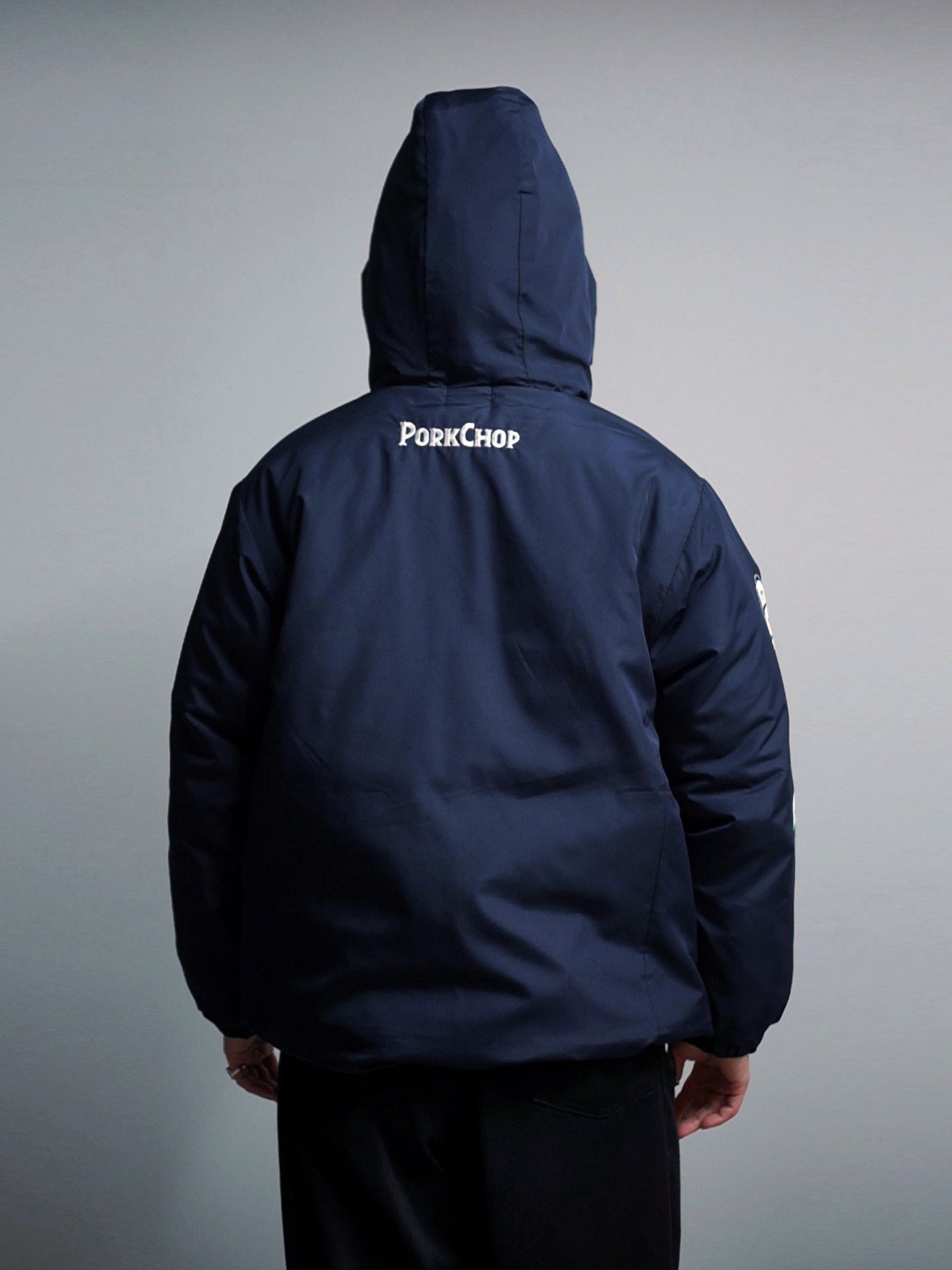 【12.28 (Sun) 12:00 Release】PORKCHOP | BURNING LOGO HOODED JKT - Navy