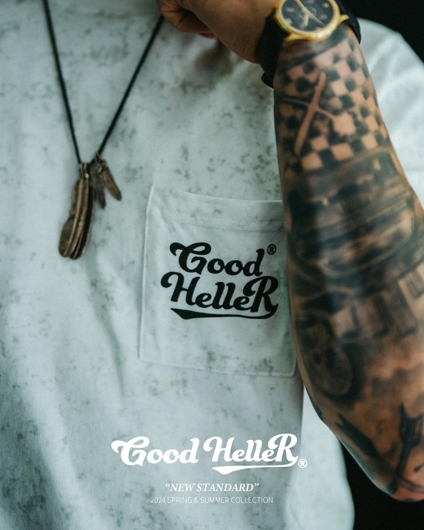 GOOD HELLER | BATTICK DYEING POCKET S/S T-SHIRT - White