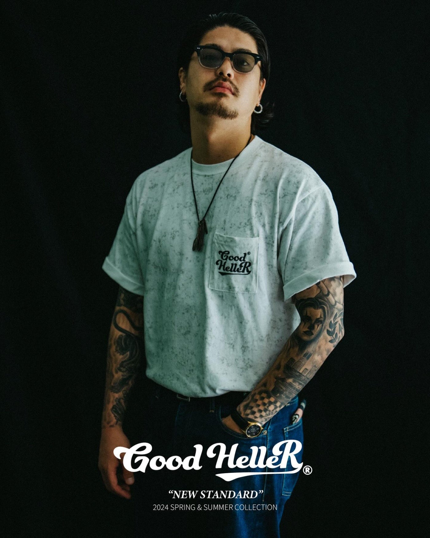 GOOD HELLER | BATTICK DYEING POCKET S/S T-SHIRT - White