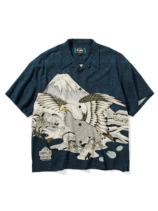 GOOD HELLER | "一富士二鷹三茄子" ORIENTAL PANEL PATTERN RAYON S/S SHIRT