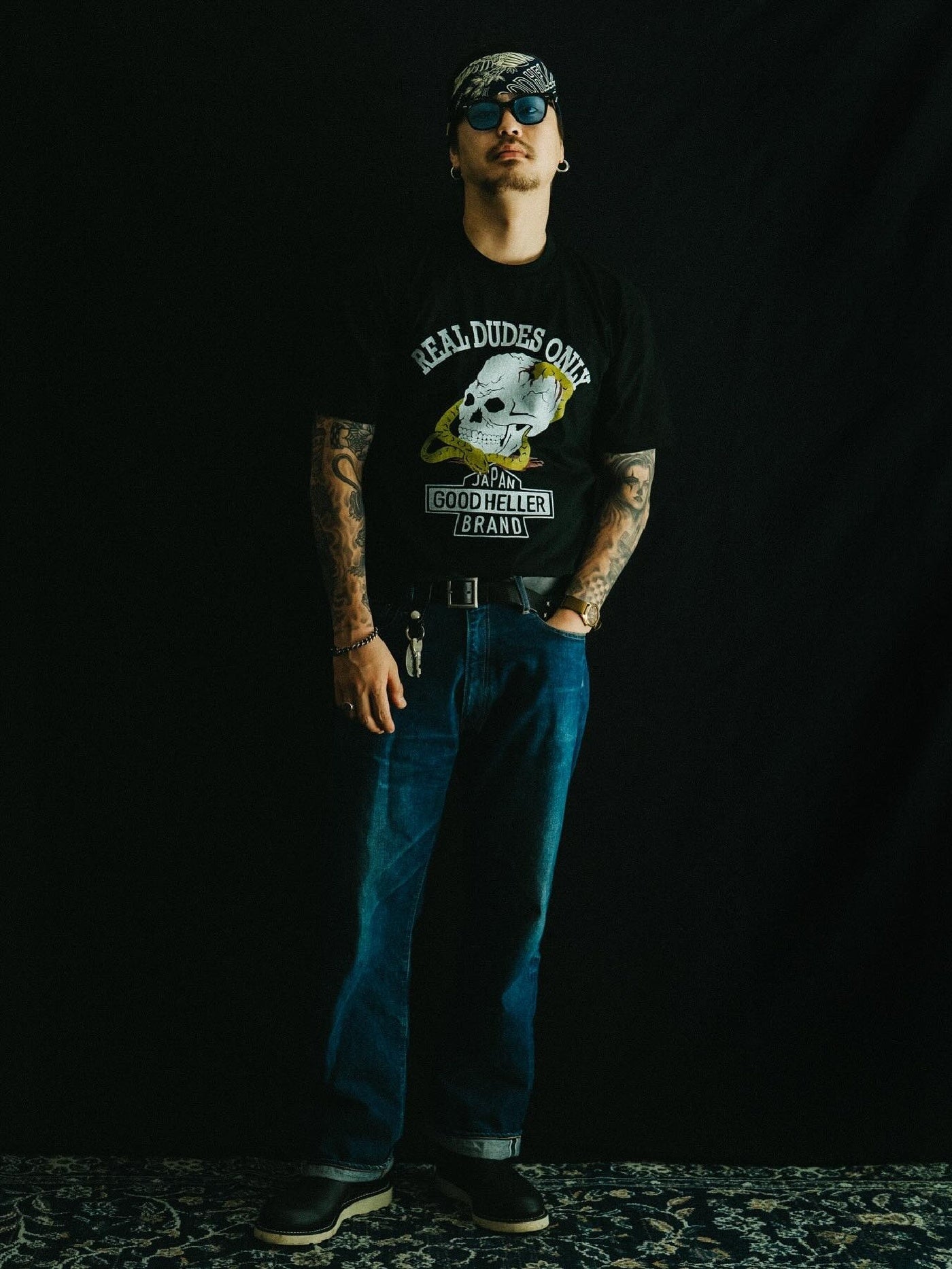 GOOD HELLER | SKULL&SNAKE AMERICAN LOGO T-SHIRT - Black