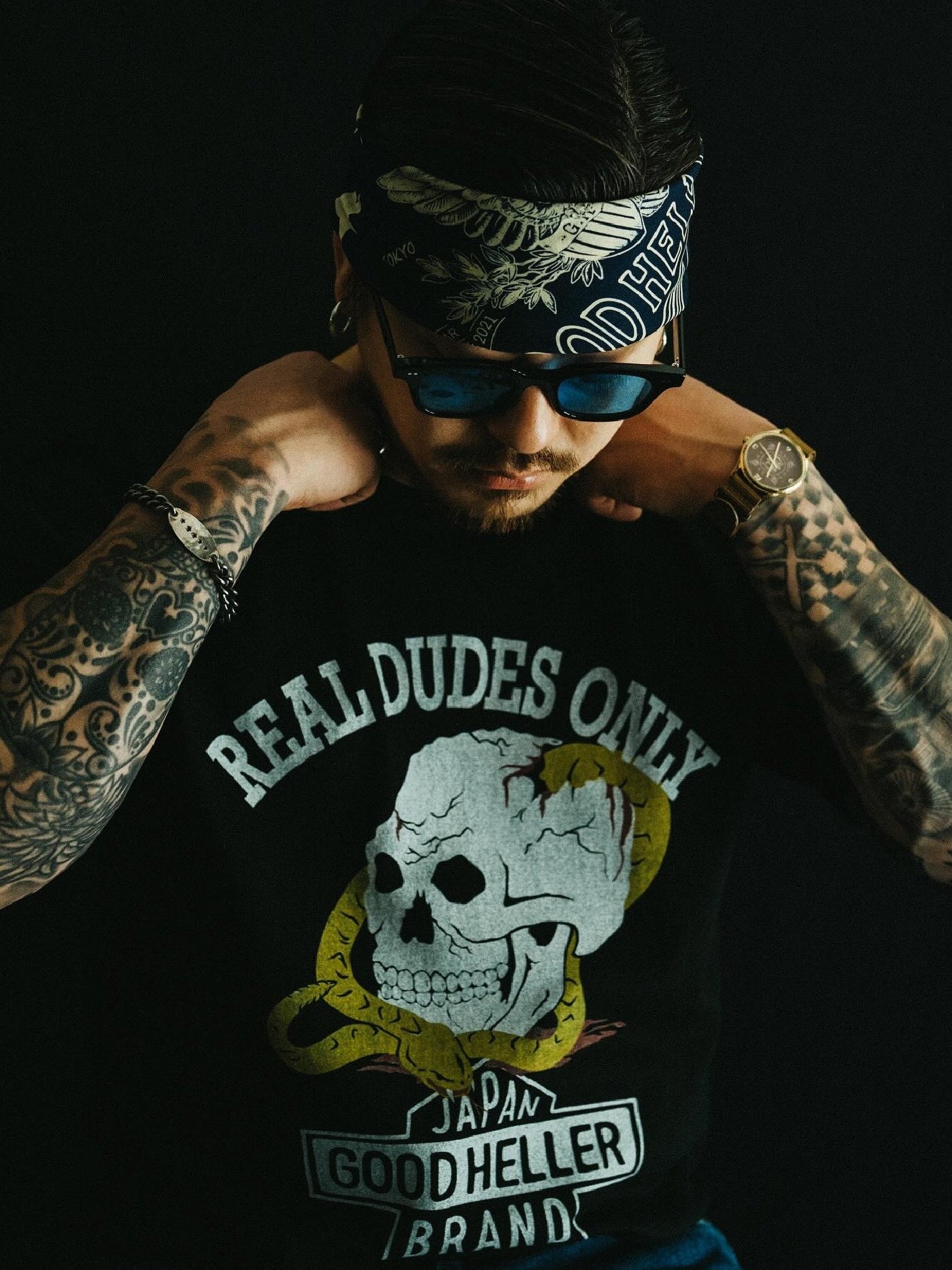 GOOD HELLER | SKULL&SNAKE AMERICAN LOGO T-SHIRT - Black