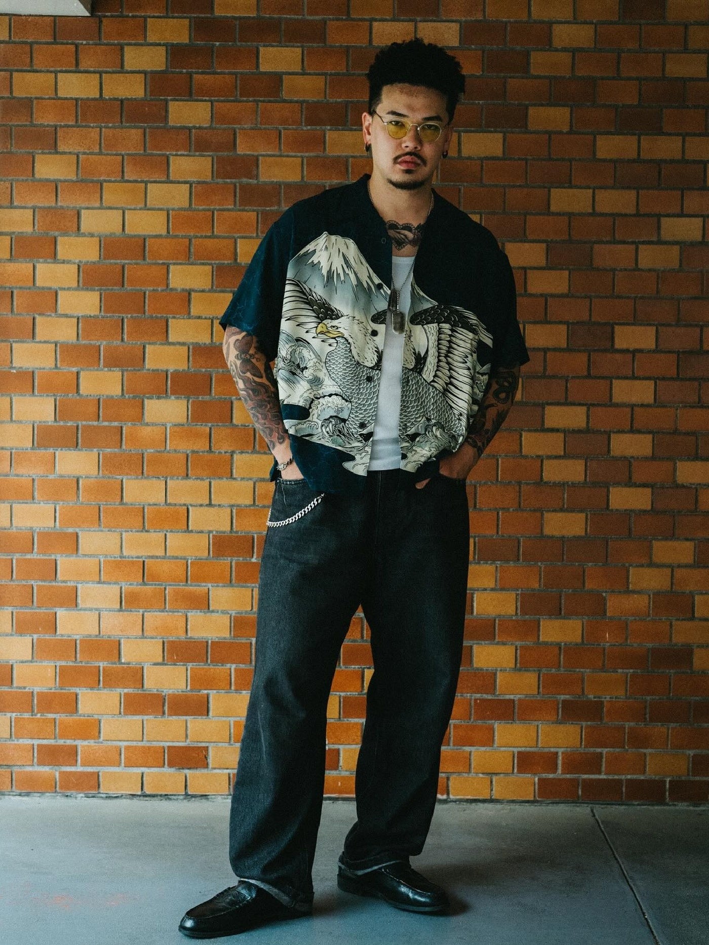 GOOD HELLER | "一富士二鷹三茄子" ORIENTAL PANEL PATTERN RAYON S/S SHIRT