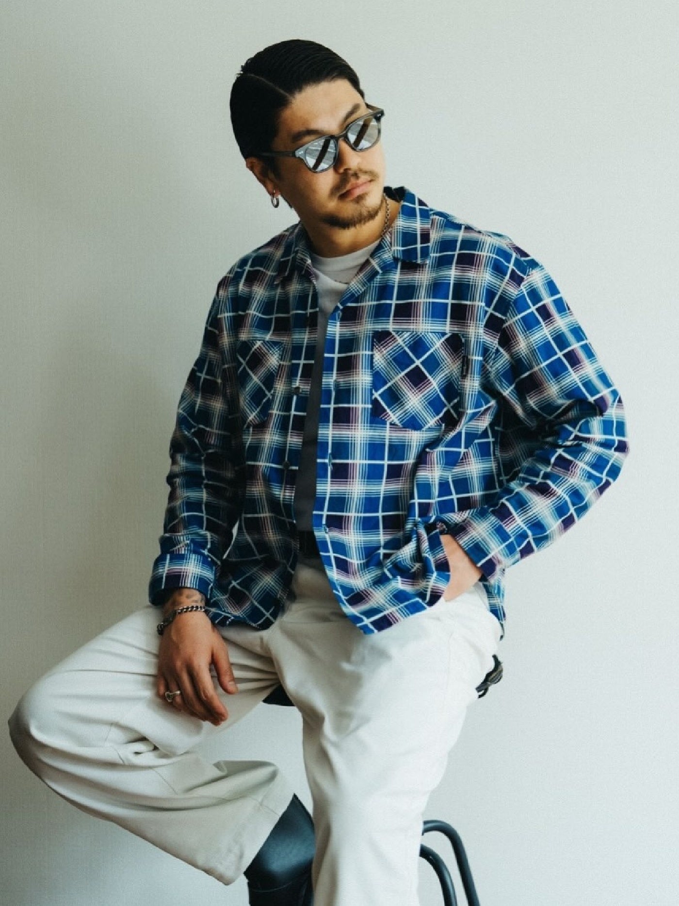 GOOD HELLER | PRINT CHECK L/S SHIRT - Blue/Navy