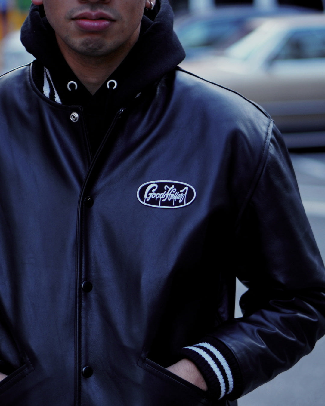 GOOD HELLER | LIGHT LEATHER AWARD JACKET - Black