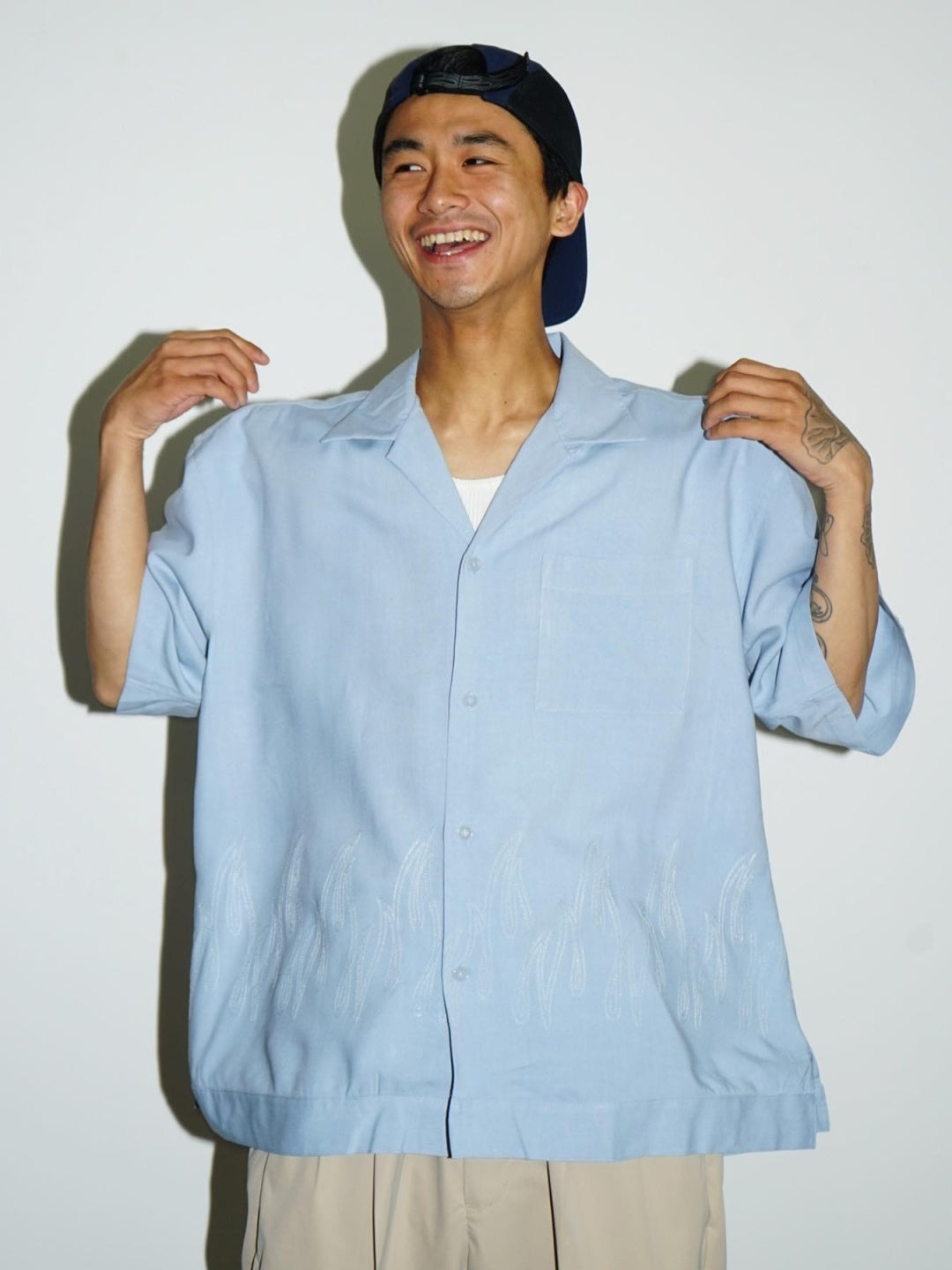 RADIALL | FLAMES OPEN COLLARED SHIRT S/S - Ice Blue