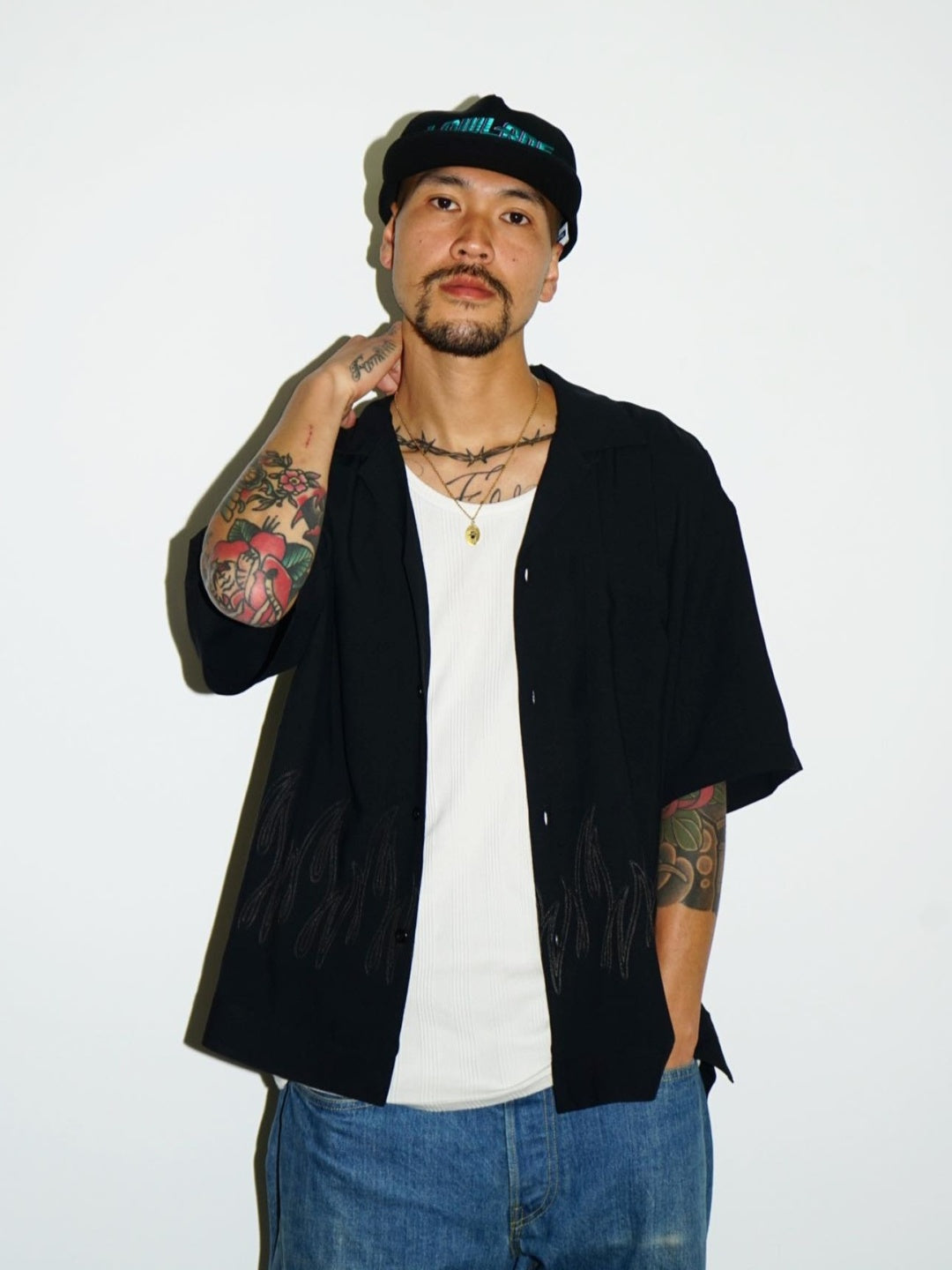 RADIALL | FLAMES OPEN COLLARED SHIRT S/S - Black