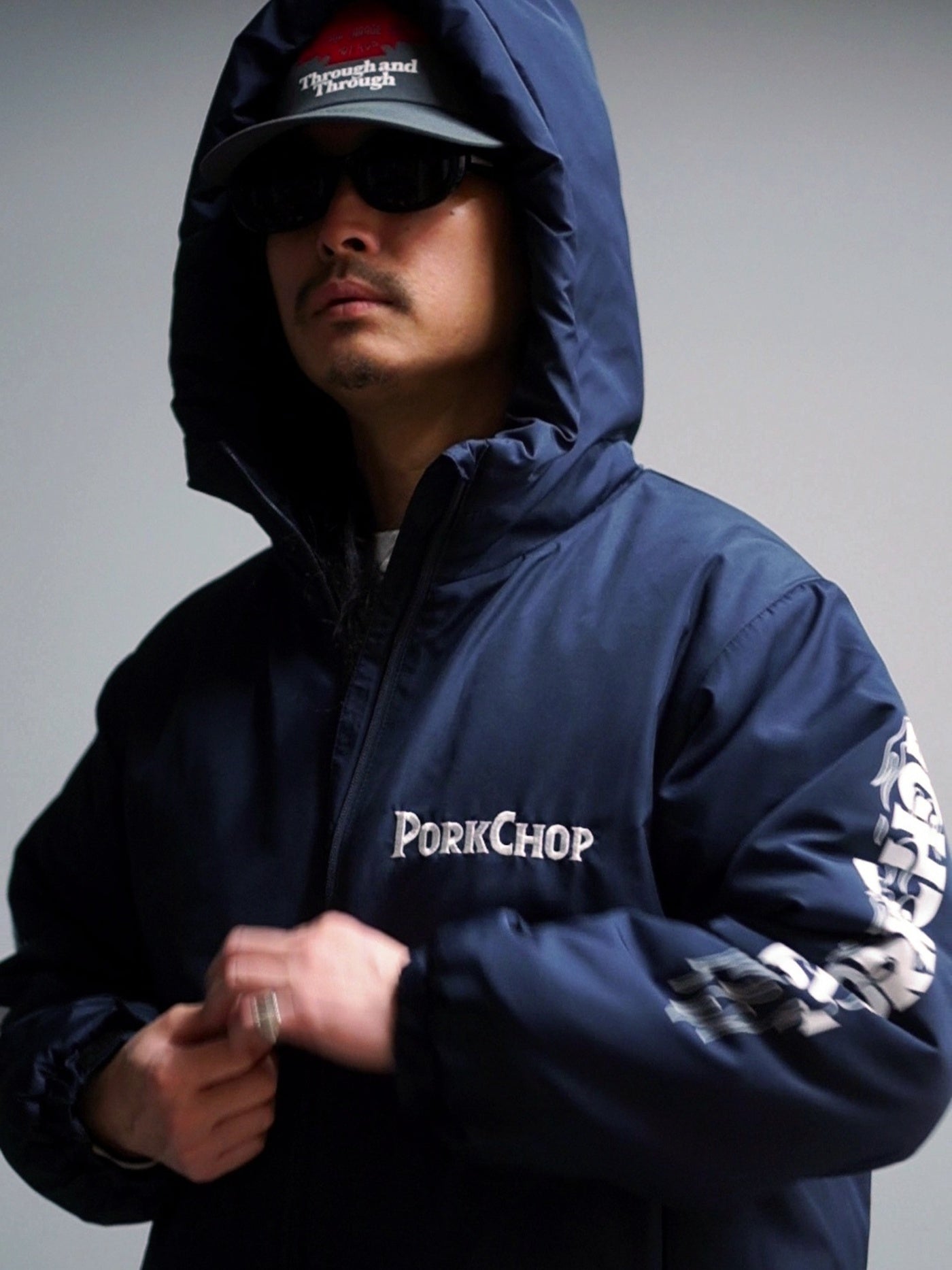 【12.28 (Sun) 12:00 Release】PORKCHOP | BURNING LOGO HOODED JKT - Navy
