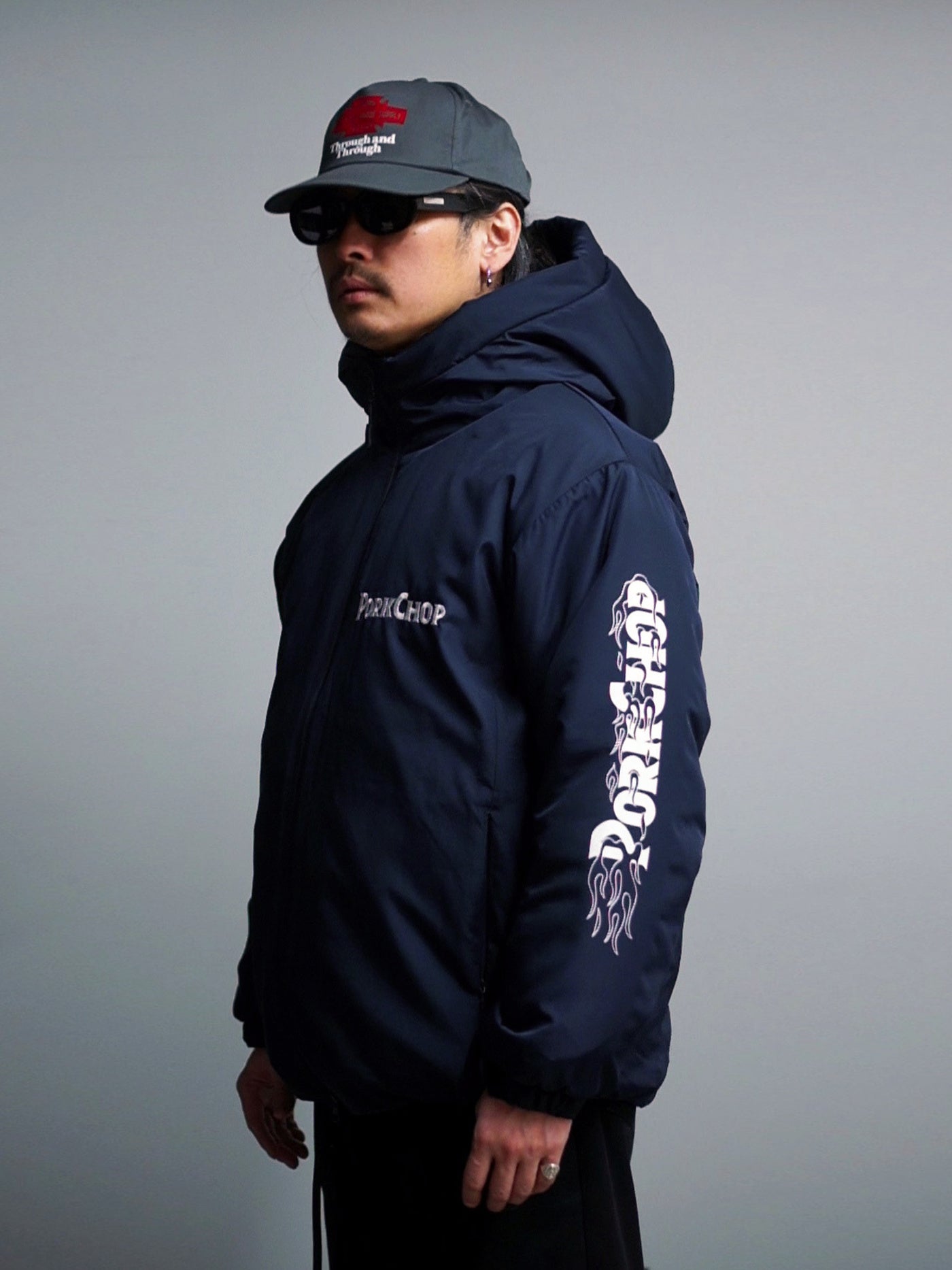 【12.28 (Sun) 12:00 Release】PORKCHOP | BURNING LOGO HOODED JKT - Navy