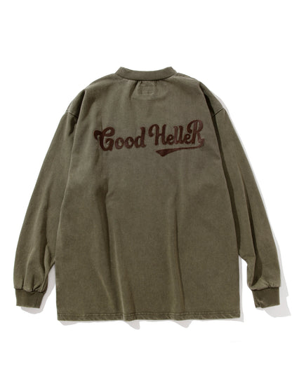 GOOD HELLER | LEATHER WAPPEN USED WASH L/S T-SHIRT - Olive
