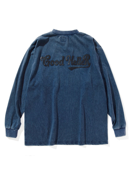 GOOD HELLER | LEATHER WAPPEN USED WASH L/S T-SHIRT - Navy