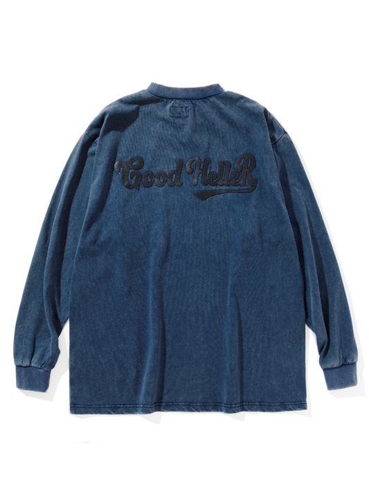 GOOD HELLER | LEATHER WAPPEN USED WASH L/S T-SHIRT - Navy
