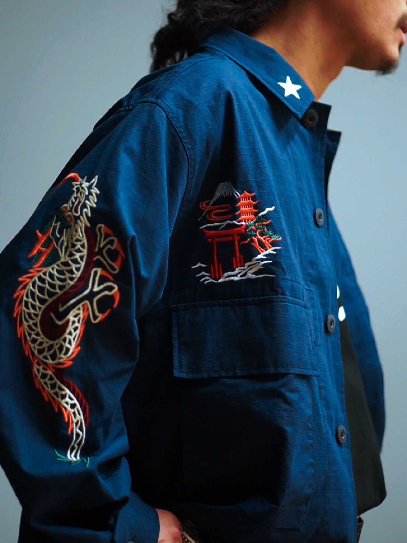 GOOD HELLER | KOR ARMY TYPE SOUVENIR JACKET DRAGON AND US EAGLE EMBROIDERIES - Navy