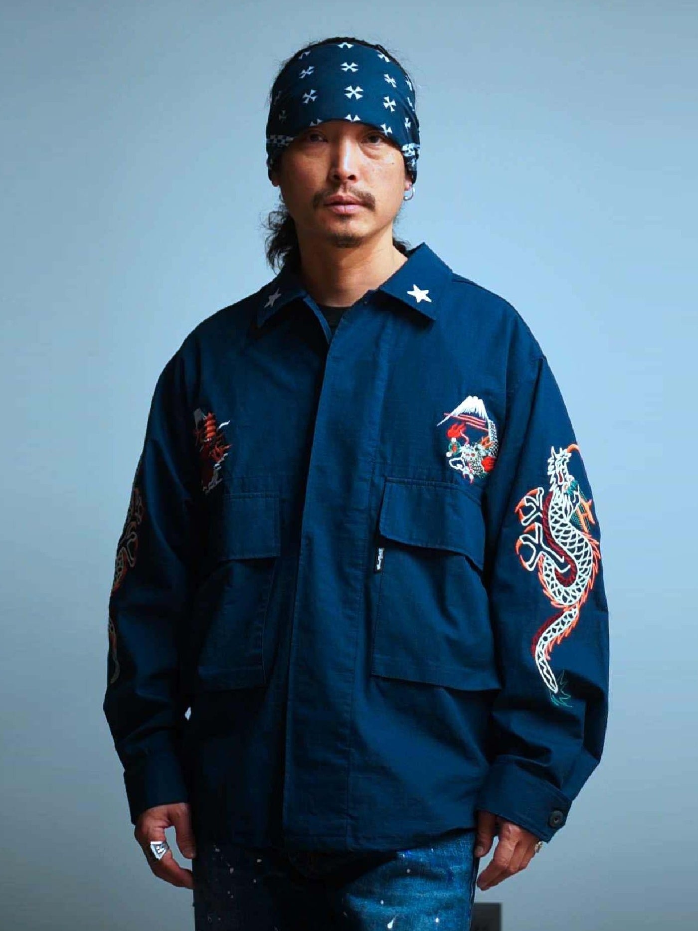 GOOD HELLER | KOR ARMY TYPE SOUVENIR JACKET DRAGON AND US EAGLE EMBROIDERIES - Navy