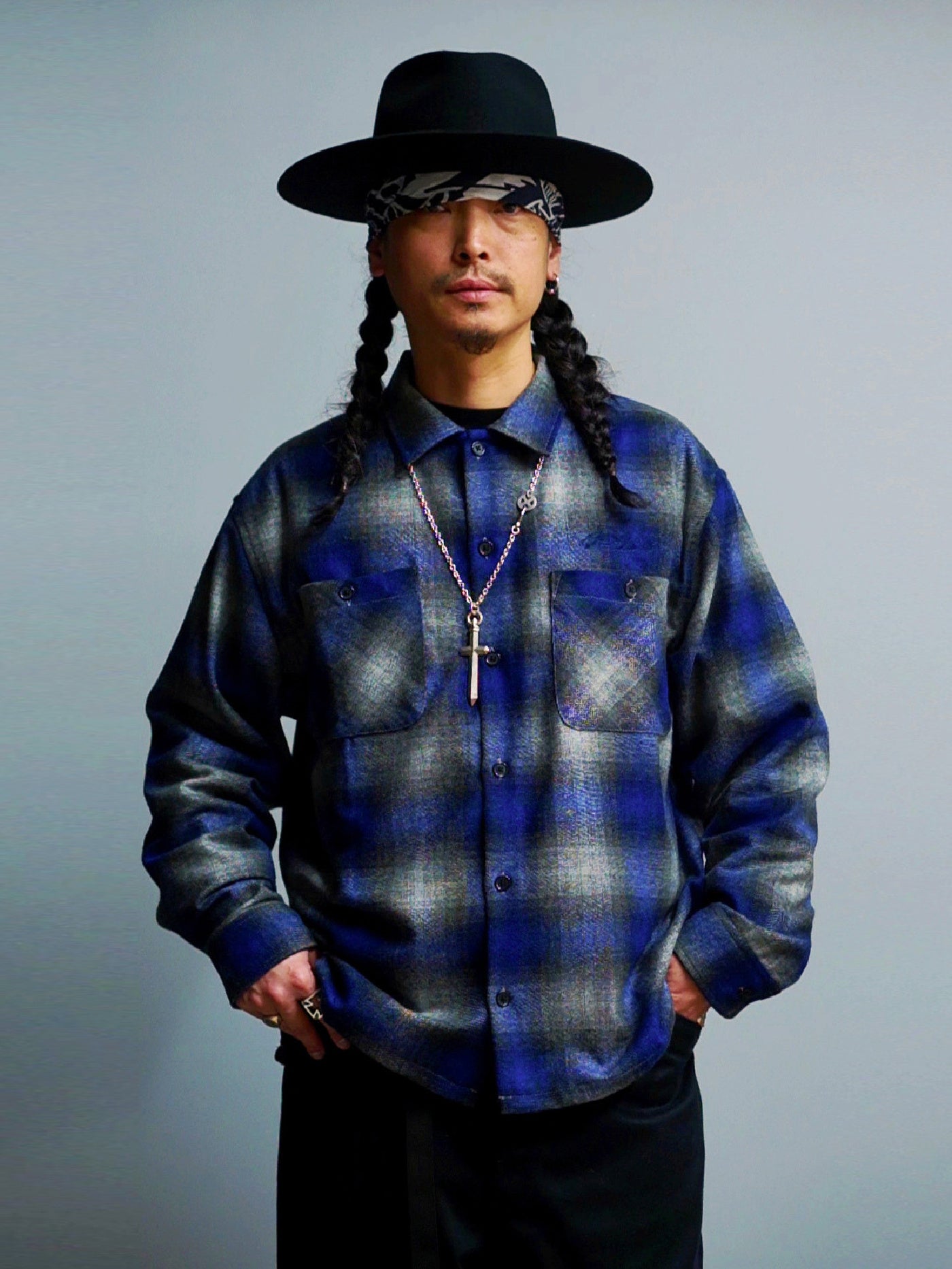 GOOD HELLER | WOOL&POLYESTER OMBRE CHECK SHIRT - Blue