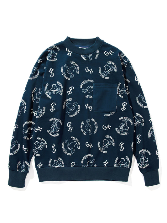 【9.27 (Sat) 12:00 Release】GOOD HELLER | BONE LOGO ALLOVER PATTERN CREW SWEAT - Navy