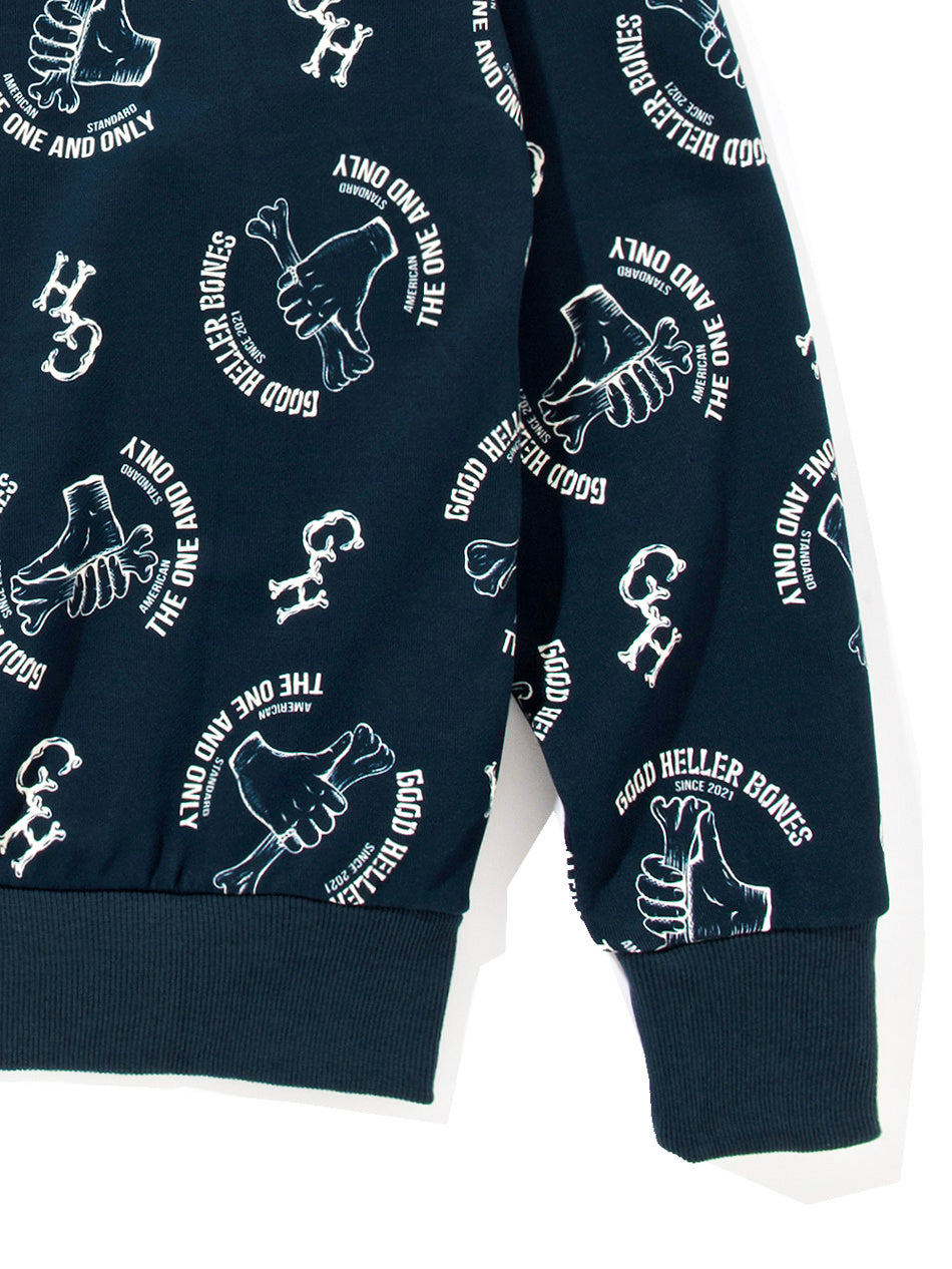 GOOD HELLER | BONE LOGO ALLOVER PATTERN CREW SWEAT - Navy