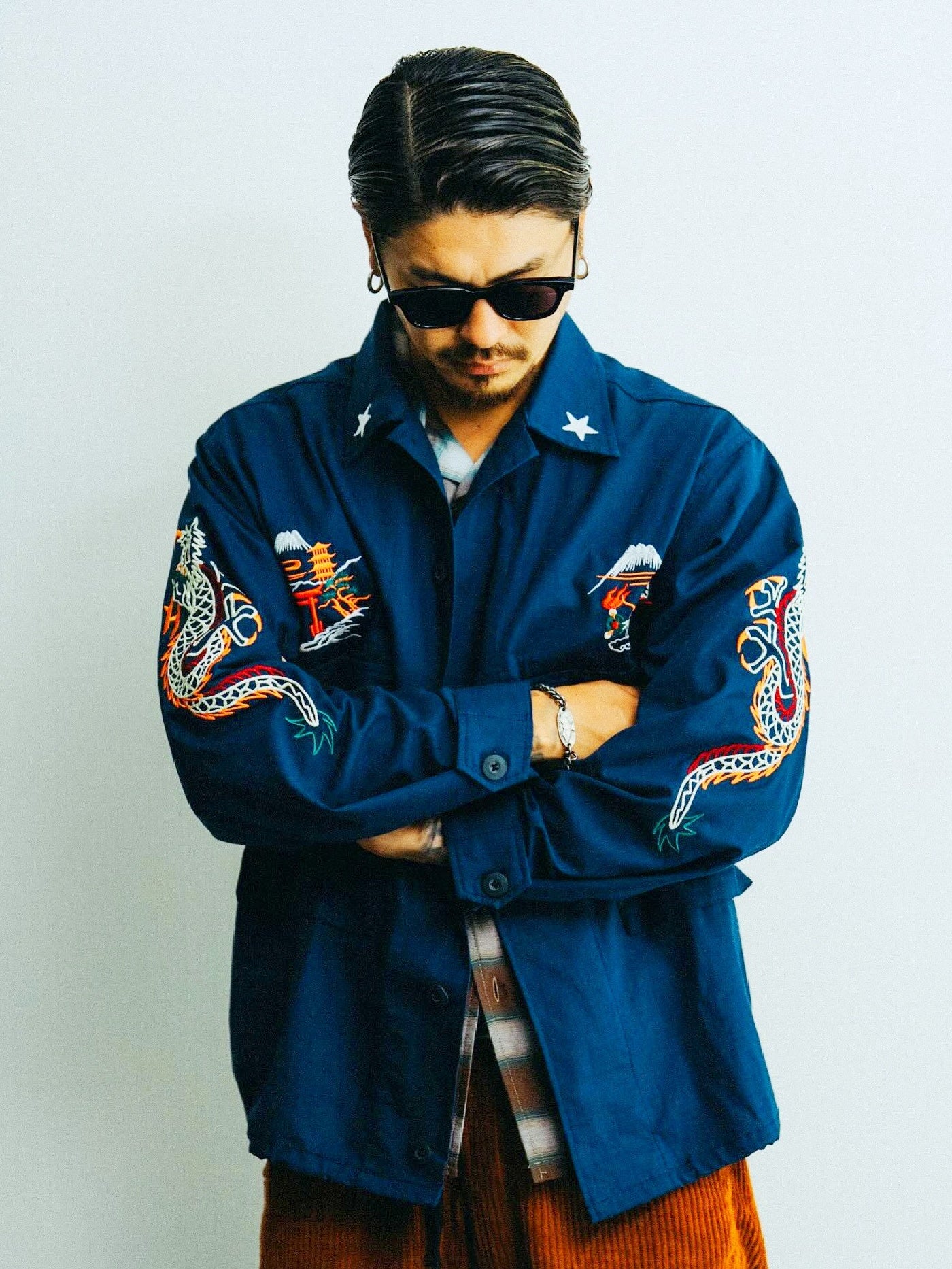 GOOD HELLER | KOR ARMY TYPE SOUVENIR JACKET DRAGON AND US EAGLE EMBROIDERIES - Navy