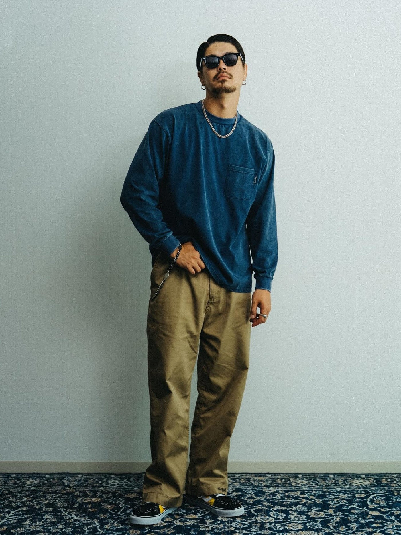 GOOD HELLER | LEATHER WAPPEN USED WASH L/S T-SHIRT - Navy