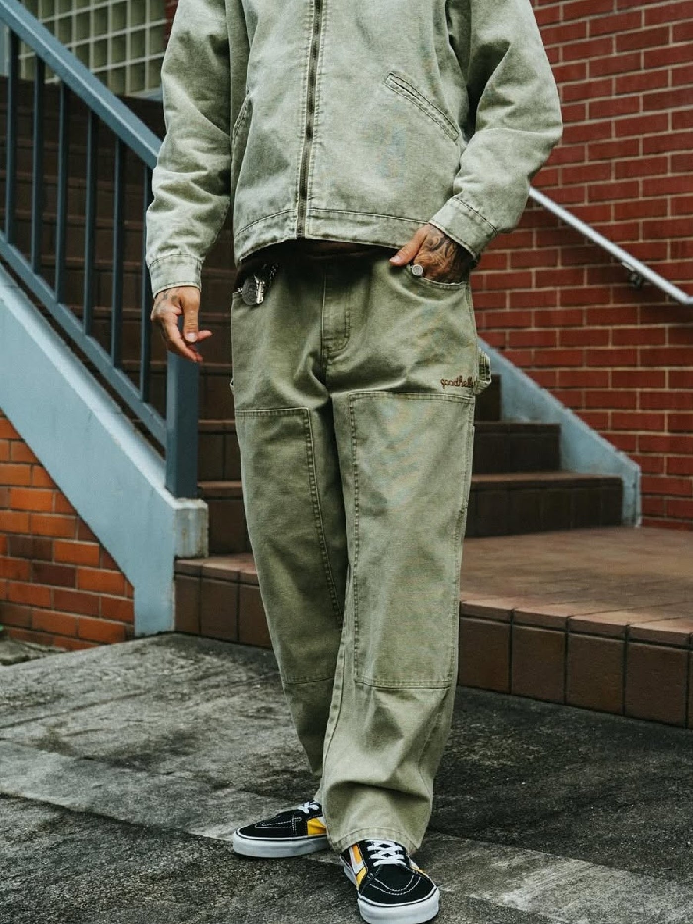 【10.25 (Sat) 12:00 Release】GOOD HELLER | HEAVY CANVAS DOUBLE KNEE PAINTER PANTS - Faded Olive