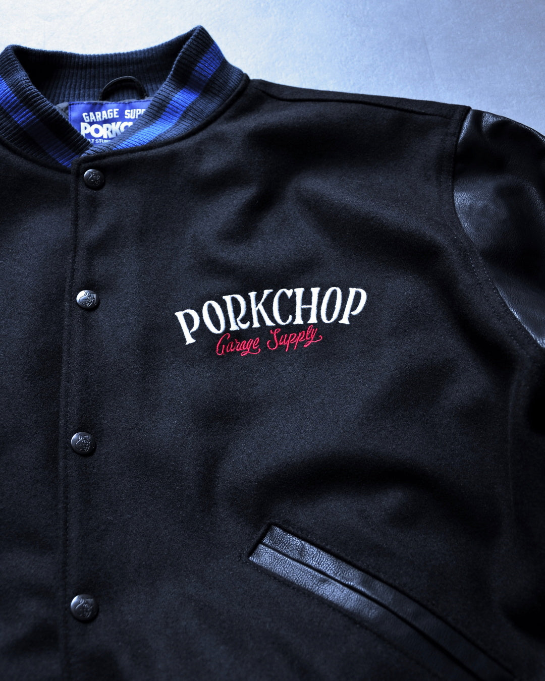 【1.2 (Tue) 12:00 Release.】PORKCHOP | MELTON VARSITY JACKET - Black