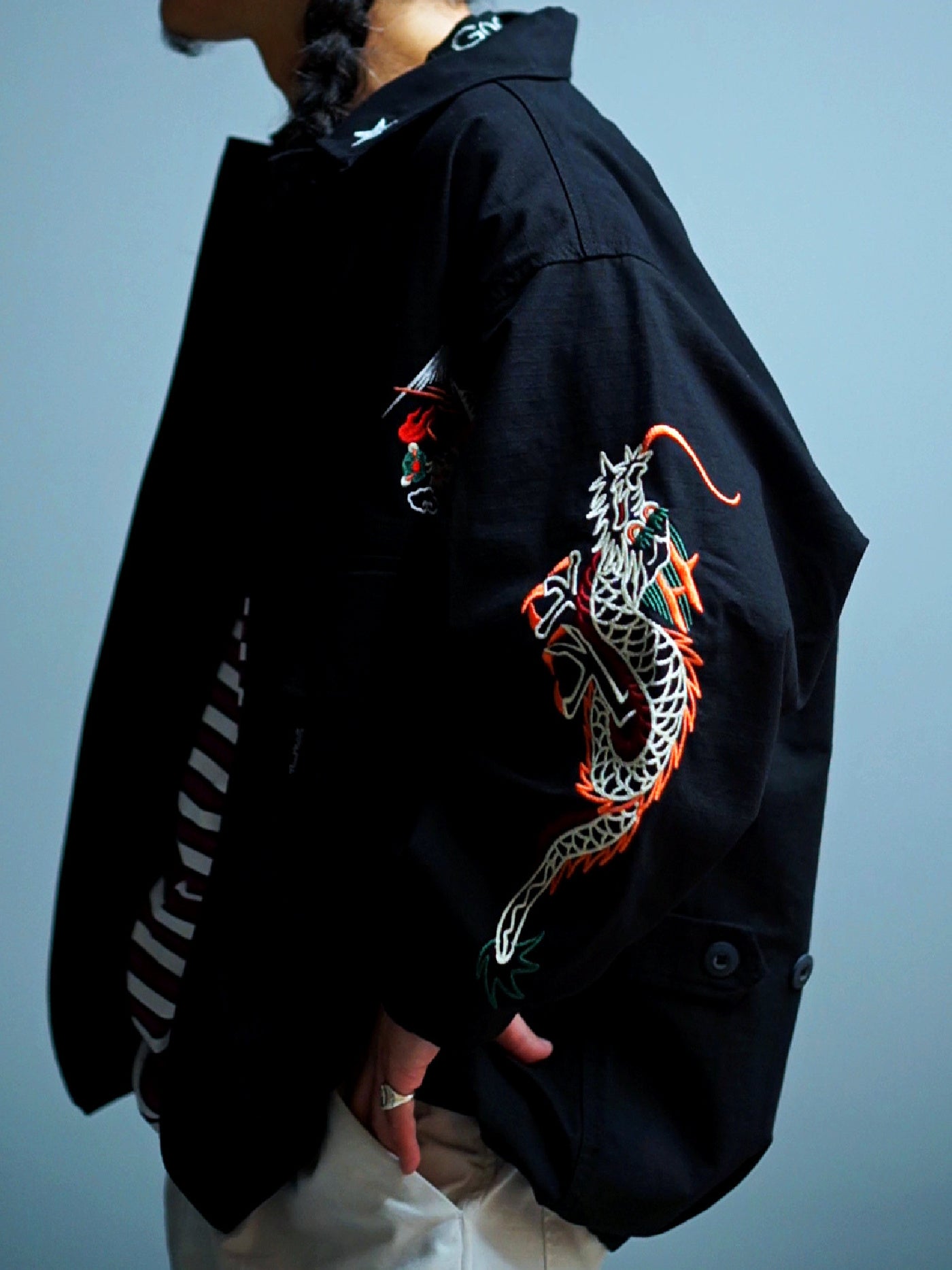 GOOD HELLER | KOR ARMY TYPE SOUVENIR JACKET DRAGON AND US EAGLE EMBROIDERIES - Black