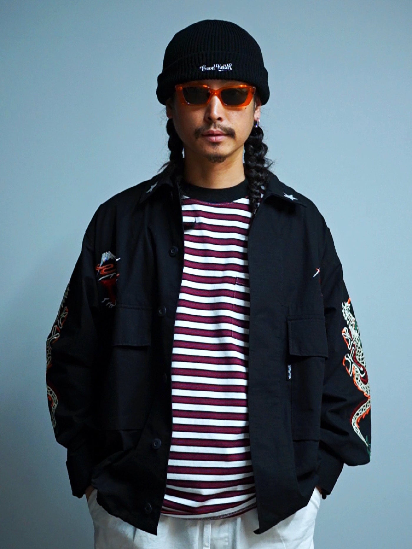 GOOD HELLER | KOR ARMY TYPE SOUVENIR JACKET DRAGON AND US EAGLE EMBROIDERIES - Black