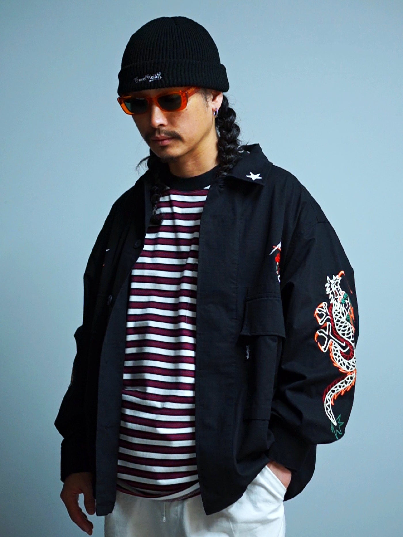 GOOD HELLER | KOR ARMY TYPE SOUVENIR JACKET DRAGON AND US EAGLE EMBROIDERIES - Black